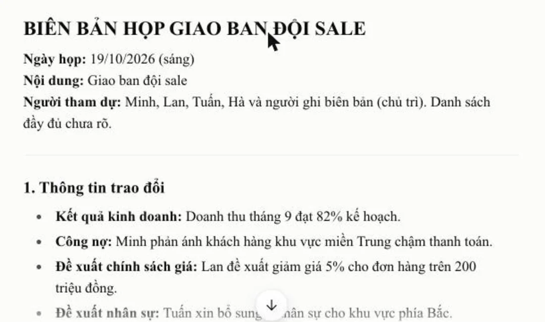 Claude trả về biên bản họp có tiêu đề, ngày họp, người tham dự và mục thông tin trao đổi