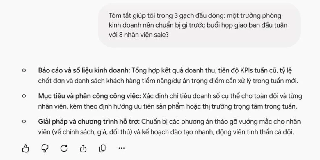 Gemini trả lời ba gạch đầu dòng về việc trưởng phòng kinh doanh nên chuẩn bị trước họp giao ban: báo cáo số liệu, mục tiêu và phân công, giải pháp hỗ trợ